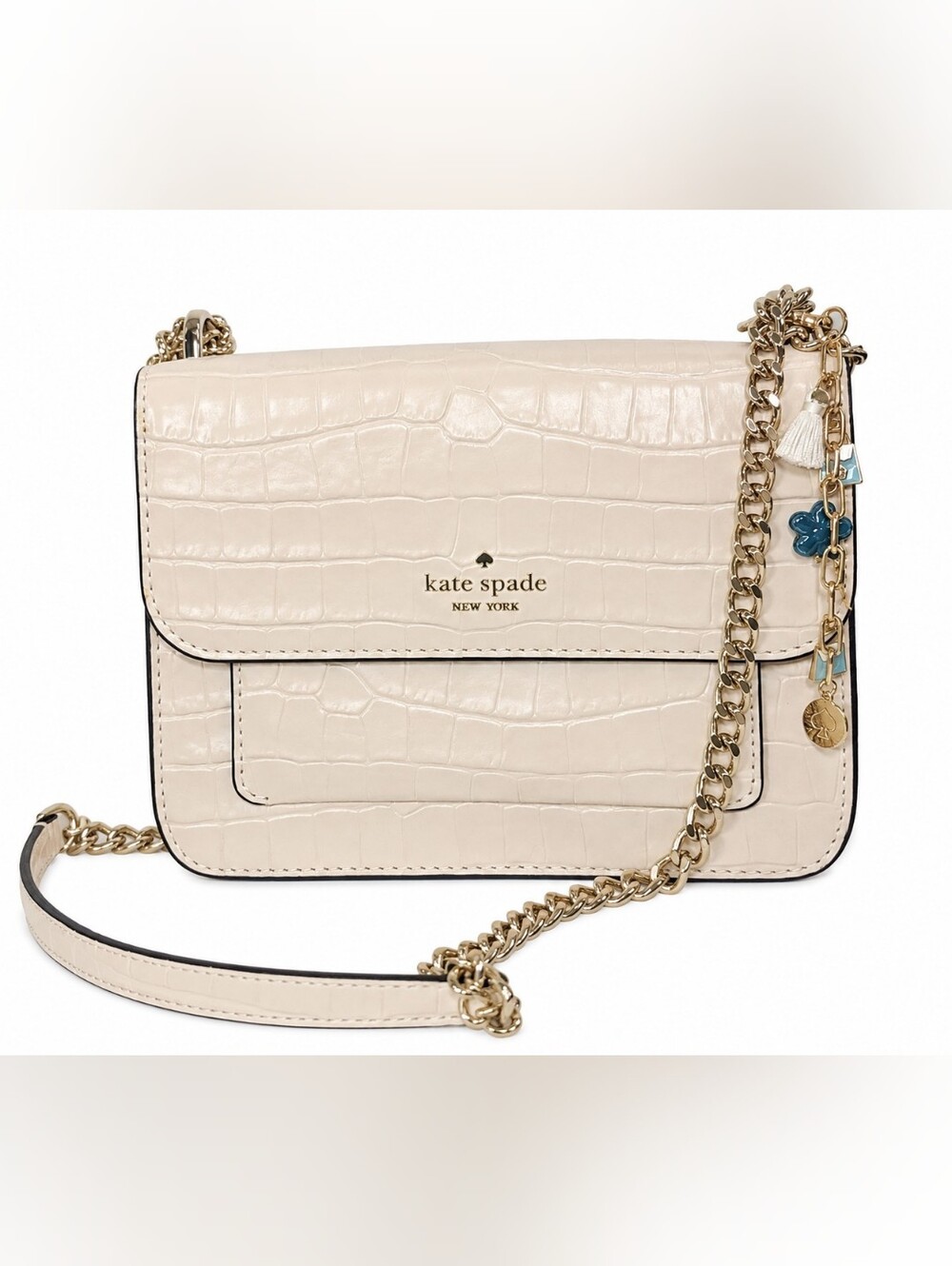 Kate Spade Cream Croc-Embossed Leather Flap Shoulder Bag EUC
